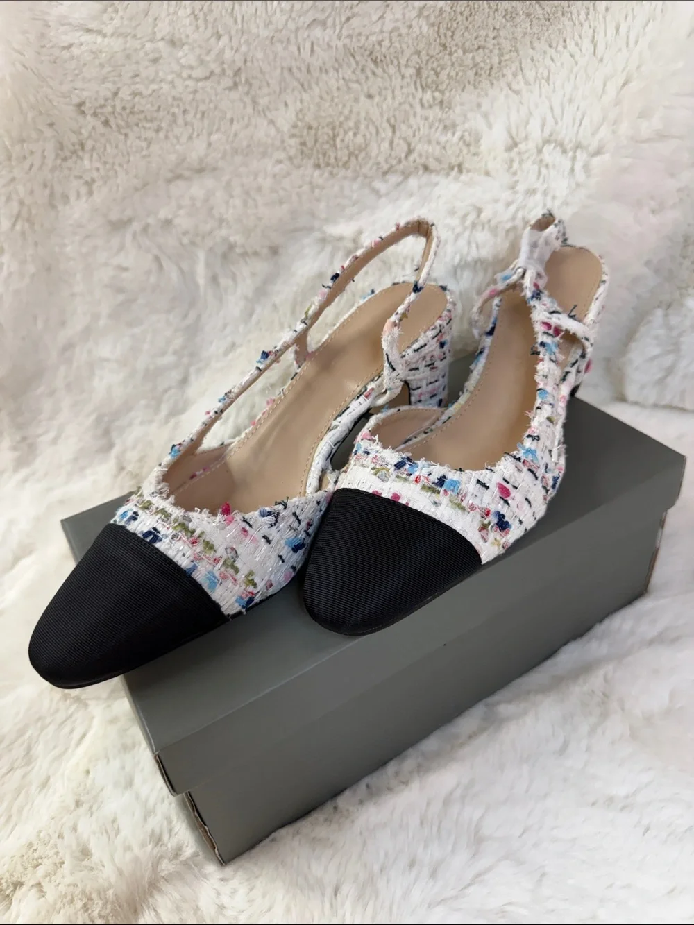 Amazon White Multicolor Tweed Slingback Heels with Black Cap Toe